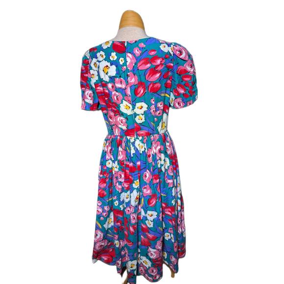 Vtg 1980s S.L. Fashions Turquoise Red Floral Print Short Sleeve Midi Dress Sz 12 - Picture 3 of 7